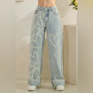 Stylish Light Blue Heart Patchwork Detail Wide Leg Jeans